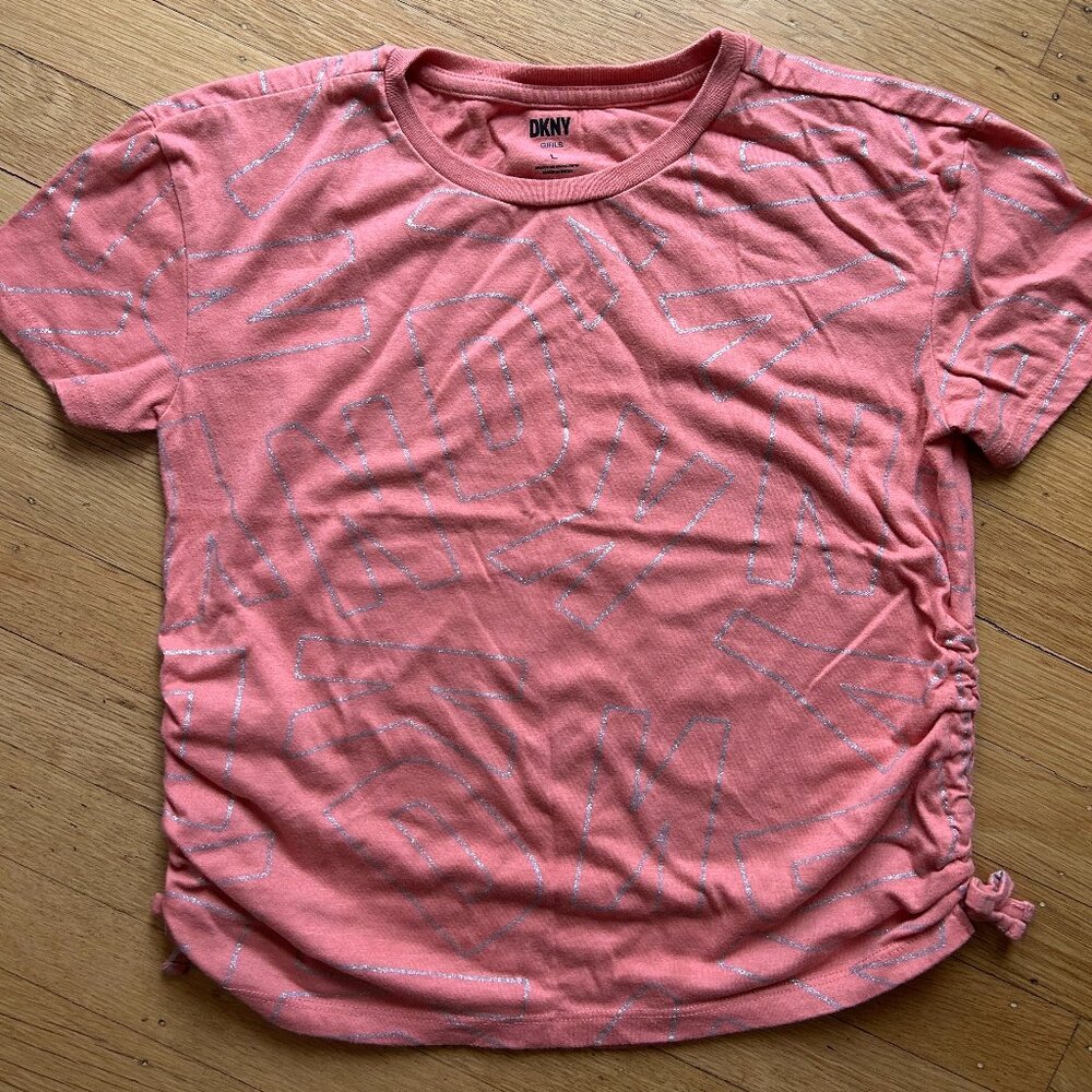 DKNY Logo Girls Coral and Silver T-shirt, Side tie, Size L
